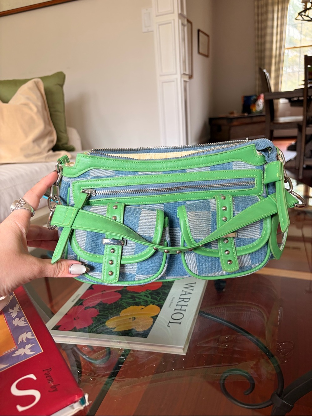 Green and Blue Denim Baguette Bag